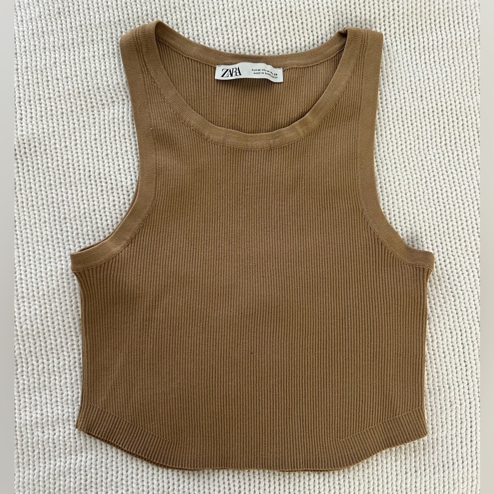 Zara Tan Ribbed Crop Tank Top Size M